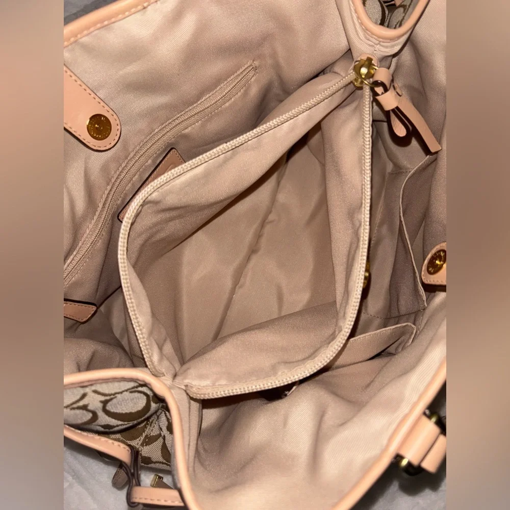 Coach Signature Khaki Tan with Green Stripe Drawstring Carryall (F28501) - Picture 6 of 10